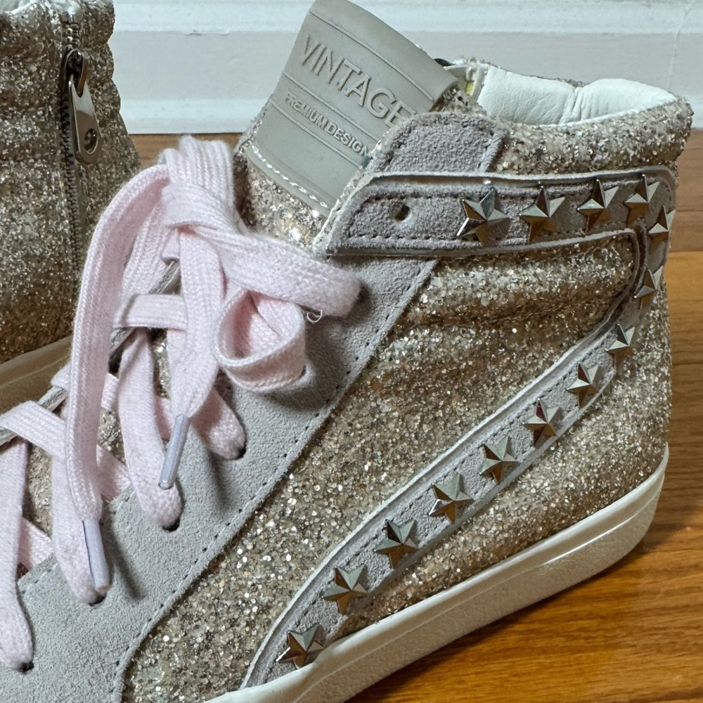 Vintage Havana Hailey High Washed Glitter Sneakers with Star Studs & Pink Laces - Picture 6 of 8